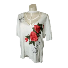 Emory Park Women’s White Short Sleeve Shirt with Roses