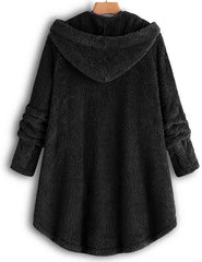 Baisico Black Side-Pocket Plush Hooded Button-Up Coat