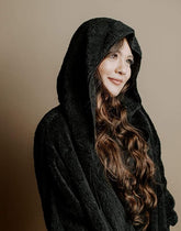 Siver Wishes Black Fuzzy Button Down Hooded Sweater With Pockets