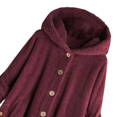 Baisico Red Wine Side-Pocket Plush Hooded Button-Up Coat