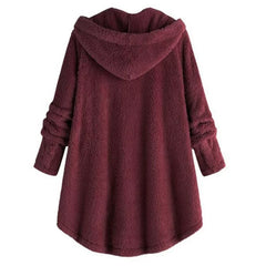 Baisico Red Wine Side-Pocket Plush Hooded Button-Up Coat