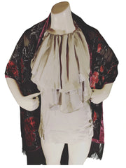 INC Black Red Grey Etched Velvet Scarf – Rhinestone Embellished Fringe Wrap, Luxe Rayon Blend (34"x16")