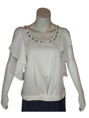Day & Night White Jeweled Neckline Ruffled Sleeveless Women's Blouse - Large