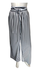 Fashion Black/White Striped Women's Pants with Waist Tie - Large