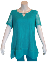 JM Collection Green Short Sleeve Women's Top with Fishnet and Sequins - 2X
