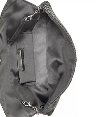 INC International Concepts Hether Shiny Mesh Clutch in Black with Metal Hardware and Chain Strap