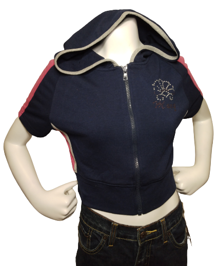 Mar-Q rhinestone crop hoodie navy pink grey front view