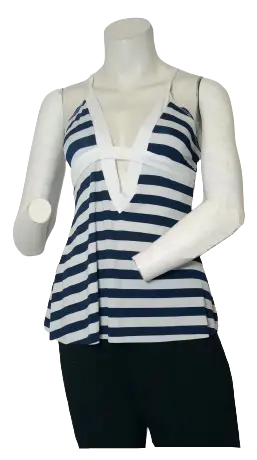 Mar_Q Women’s Blue/White Striped Swim Top, Size Large