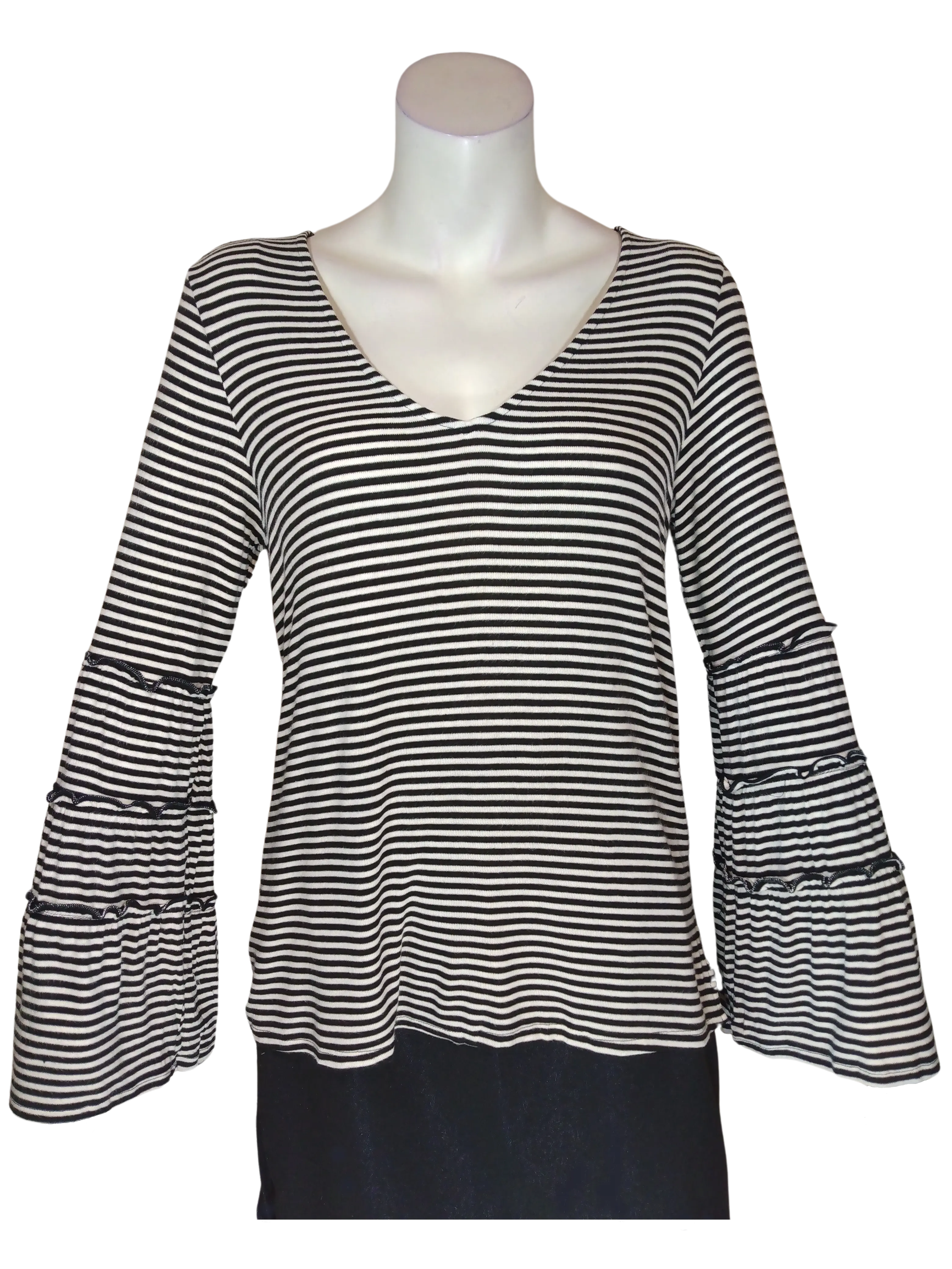 August Mist Women’s Black/Cream Striped Top with Bell Sleeves, Size Large