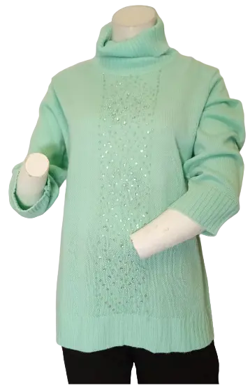 Salon Studio Women’s Light Green Turtleneck Sweater with Beading, Size Large