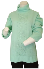 Salon Studio Women’s Light Green Turtleneck Sweater with Beading, Size Large