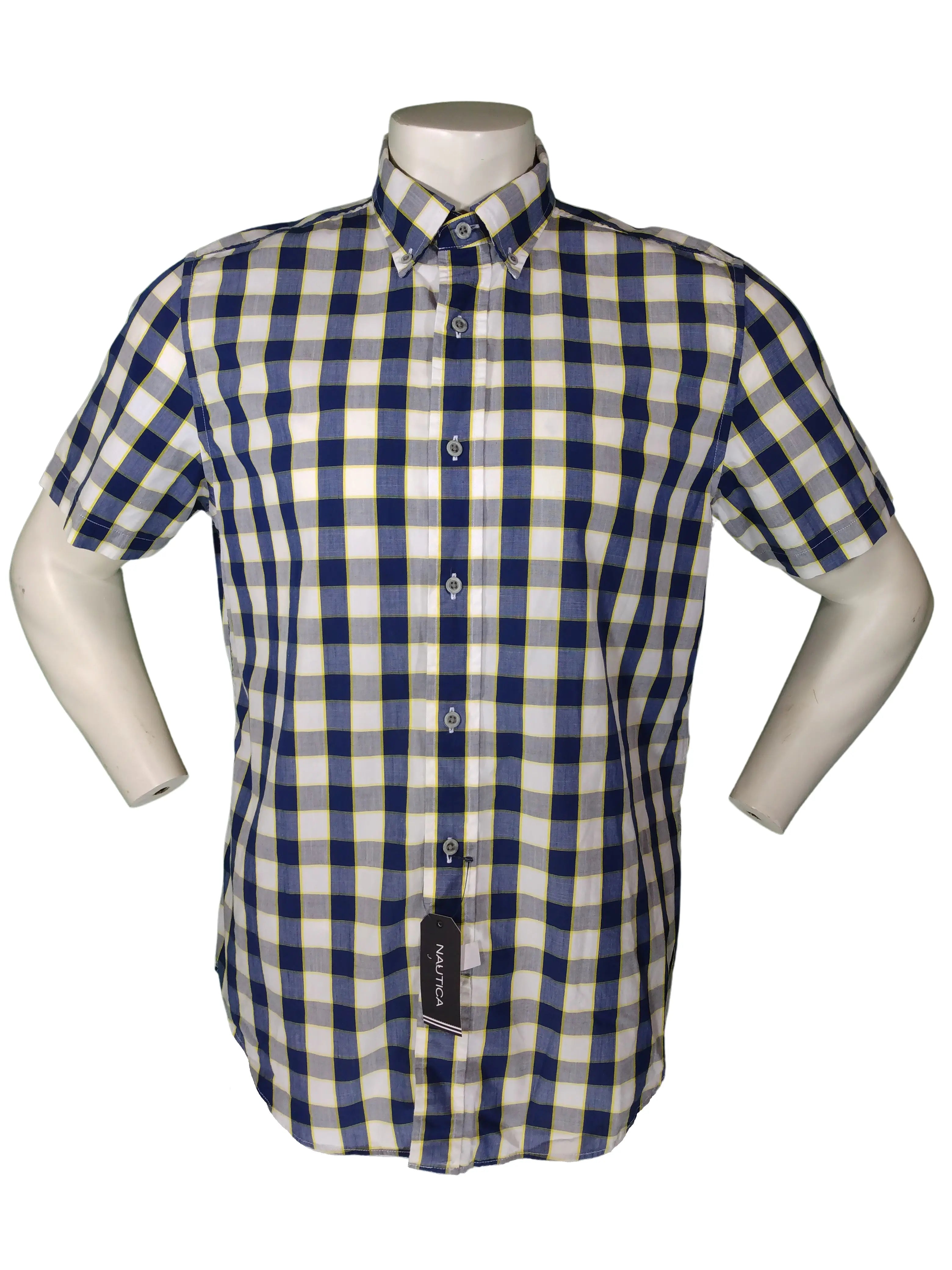 Nautica Men’s Estate Blue Heirloom Plaid Short Sleeve Shirt, Size Medium