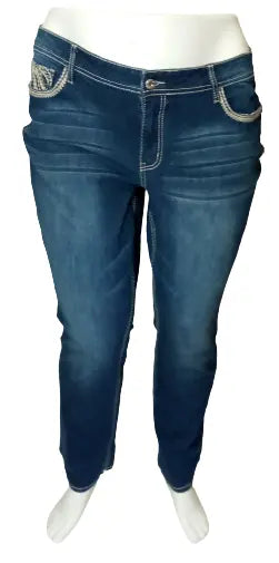 Vanilla Star Women’s Navy Jeans with Embroidered Pockets, Size 18