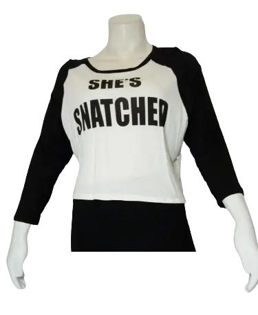 Blush Women’s Black/White “She’s Snatched” Crop Top, Size Medium