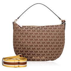 MICHAEL KORS Bedford Signature Medium Crescent Shoulder Bag in Brown and Tan with Gold Tone Hardware
