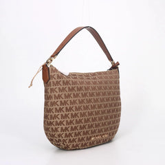 MICHAEL KORS Bedford Signature Medium Crescent Shoulder Bag in Brown and Tan with Gold Tone Hardware