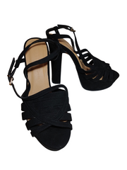 Wild Diva Black & Tan Open Toe Faux Suede Platform Heels with Buckle