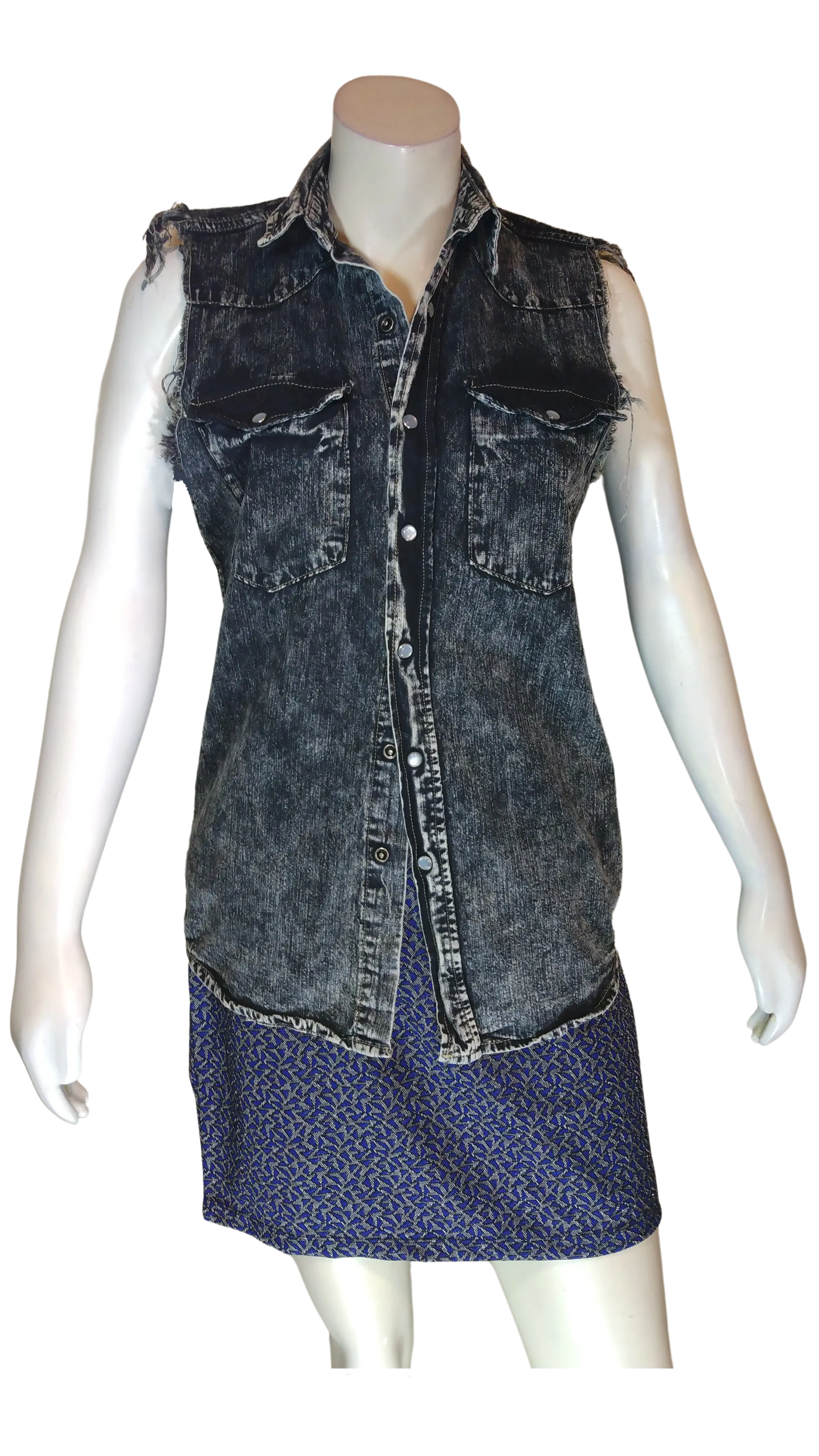 Carmar Women’s Black Distressed Denim Sleeveless Vest, Size Large