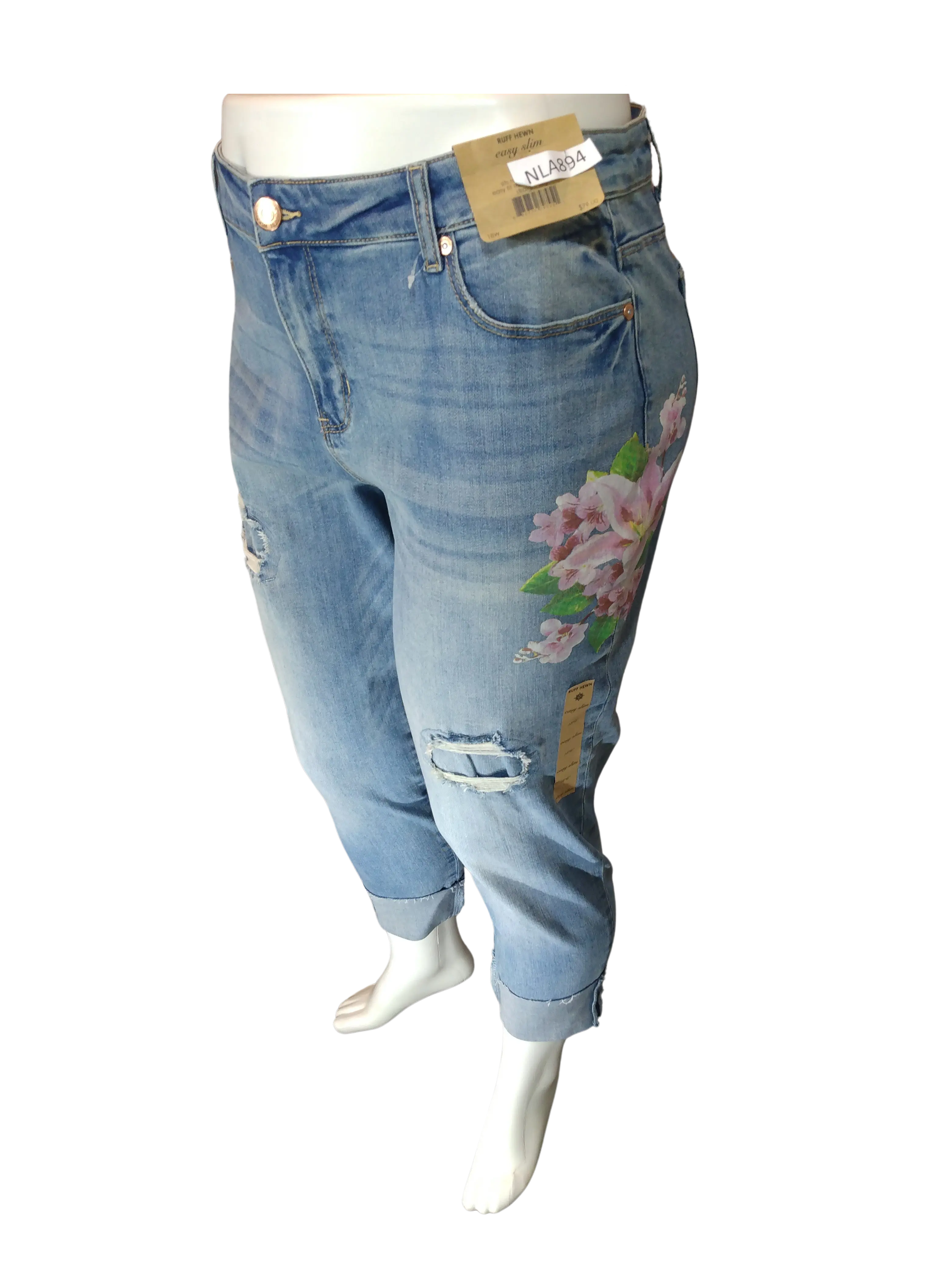 Ruff Hewn Women’s Blue Easy Slim Pant with Flowers, Size 18W