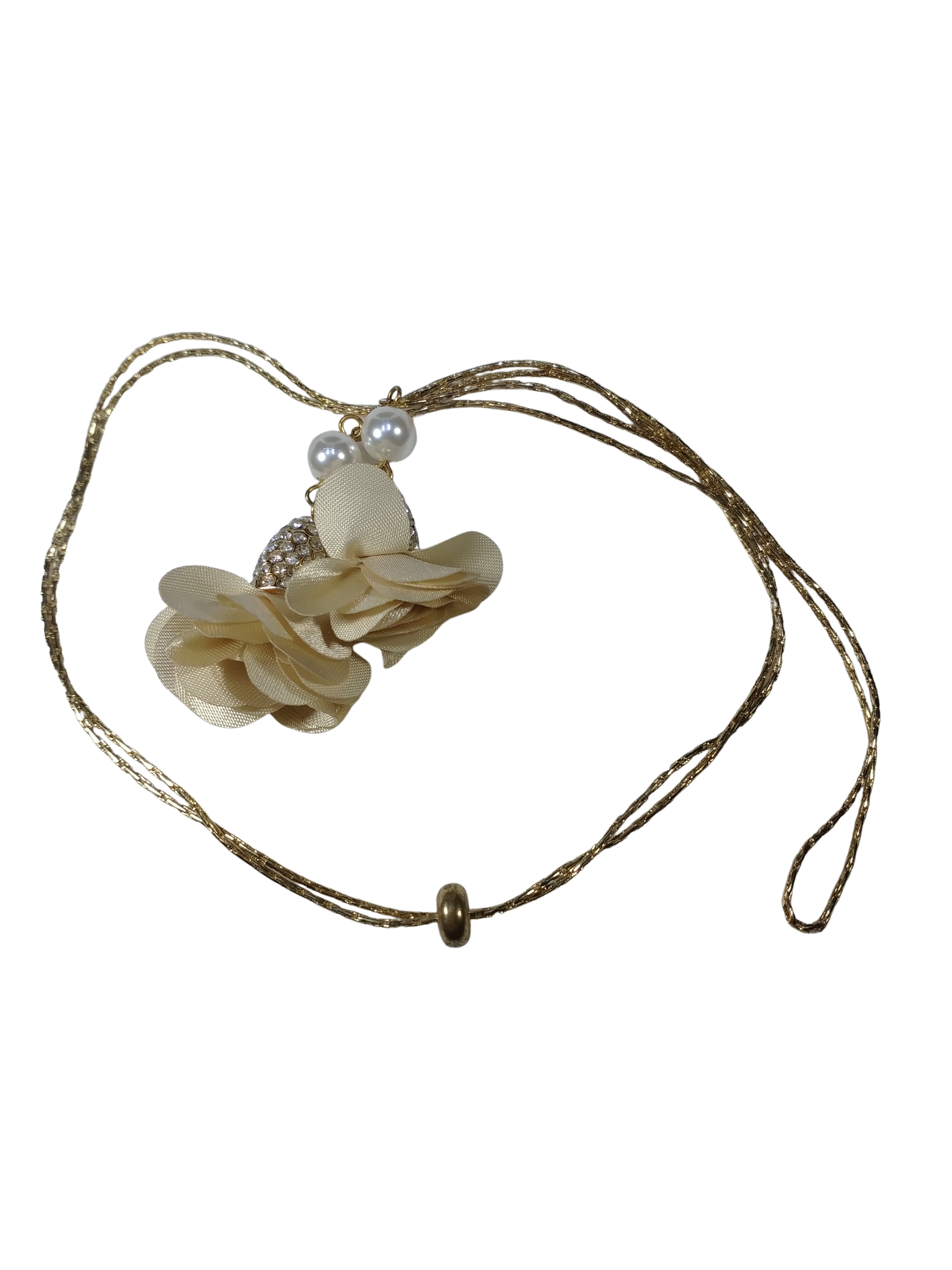 Necklace with floral design and beads on a white background