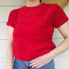 House of Three Burgundy Short Sleeve Fuzzy Crop Sweater