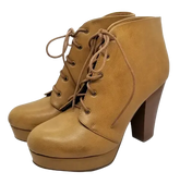 Soda Faux Leather High-Heeled Lace Up Platform Ankle Booties in Caramel