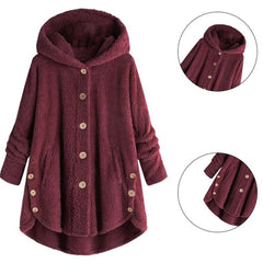 Baisico Red Wine Side-Pocket Plush Hooded Button-Up Coat