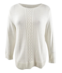 Karen Scott Plus Size White Cable-Knit Trimmed Sweater