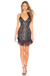 MAJORELLE Felix Dress in Oyster-Guipure lace Allover & fringe hem-sizes XXS, M