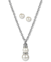 Charter Club Silver Imitation Pearl Snowman Pendant Necklace and Earring Set
