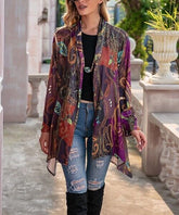 E-Rétro Colorful Abstract Floral Sidetail Open Cardigan