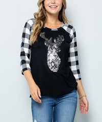 Deer Patch Plaid Contrast Long-Sleeve Top size M