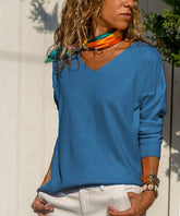 CCK Style Indigo Wool-Blend V-Neck Long Sleeve Sweater Tee