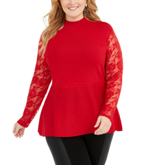 INC International Concepts Plus Size Lace Peplum Sweater in Real Red
