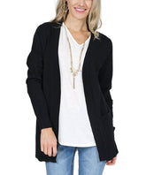 Lydiane Black Ribbed-Hem Pocket Open Cardigan