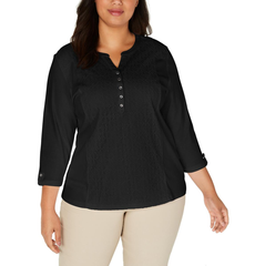 Karen Scott Plus Size Cotton Eyelet Black Henley size 1X