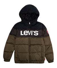 Levi's Olive Night Color Block Logo Rocket Hooded Puffer Coat