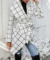 Camisa White Windowpane Wide-Lapel Tie-Waist Side Tail Coat