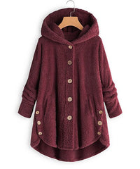 Baisico Red Wine Side-Pocket Plush Hooded Button-Up Coat