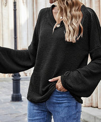 Vrkufie Black Waffle-Knit Button Bishop-Sleeve Sweater
