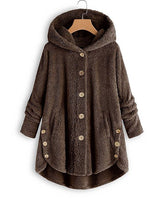 Women Hooded Coat Coffee Side-Pocket Plush Button-Up Coat - Baisico