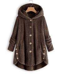 Women Hooded Coat Coffee Side-Pocket Plush Button-Up Coat - Baisico