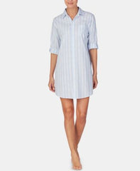 Lauren Ralph Lauren Blue Stripe-Print Notch Collar Slee Top