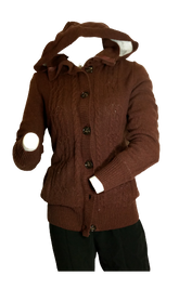 Fleece Lined Brown & White Button-Down Cable Knit Sweater With Hood