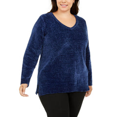 Karen Scott Plus Size V-Neck Chenille Sweater in Estate Blue