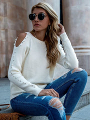 Chateau Amour White Beaded-Trim Cutout Sweater