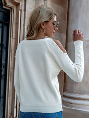 Chateau Amour White Beaded-Trim Cutout Sweater