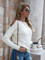 Chateau Amour White Beaded-Trim Cutout Sweater