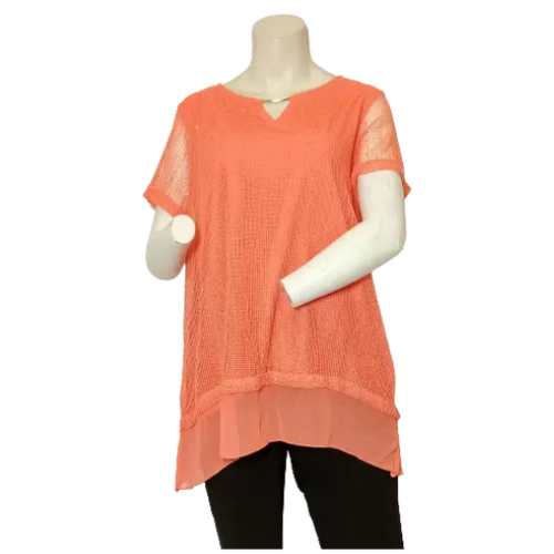 JM Collection Women’s Orange Short Sleeve Shirt with Fishnet Overlay