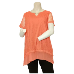 JM Collection Women’s Orange Short Sleeve Shirt with Fishnet Overlay
